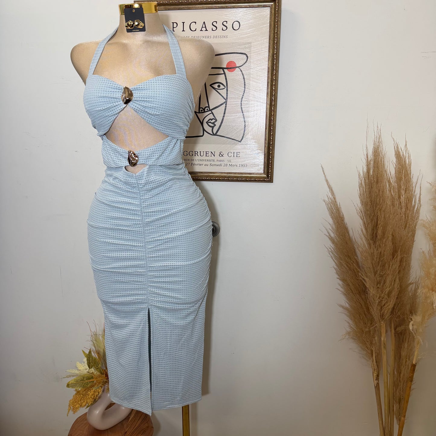Front metal Trim Shirring with slit Midi Dress-Blue