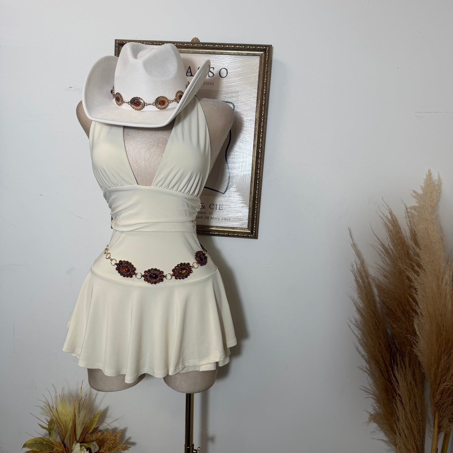 Sleeveless Open Back Halter Ruffle Romper-Beige