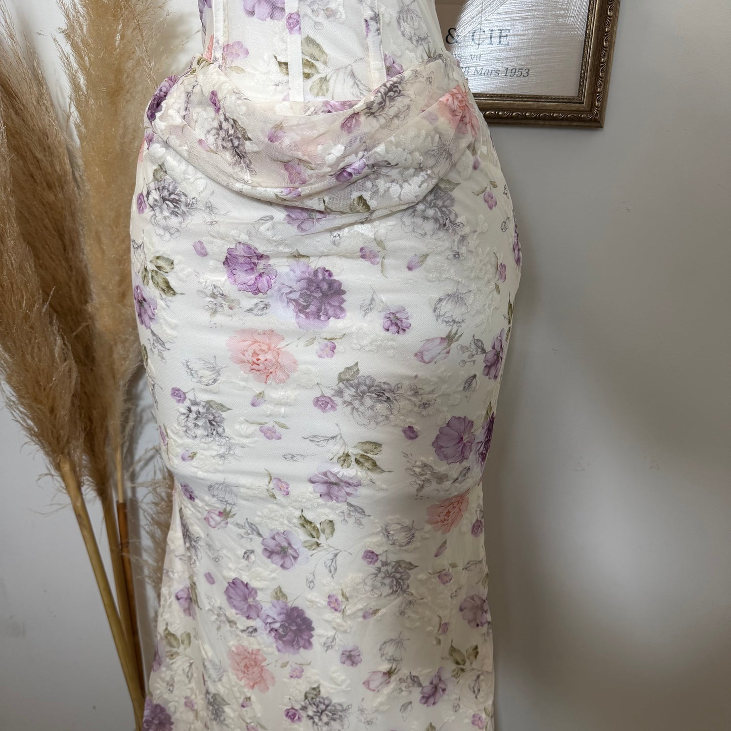 Strapless Floral Print Corset Midi Dress-Ivory Purple