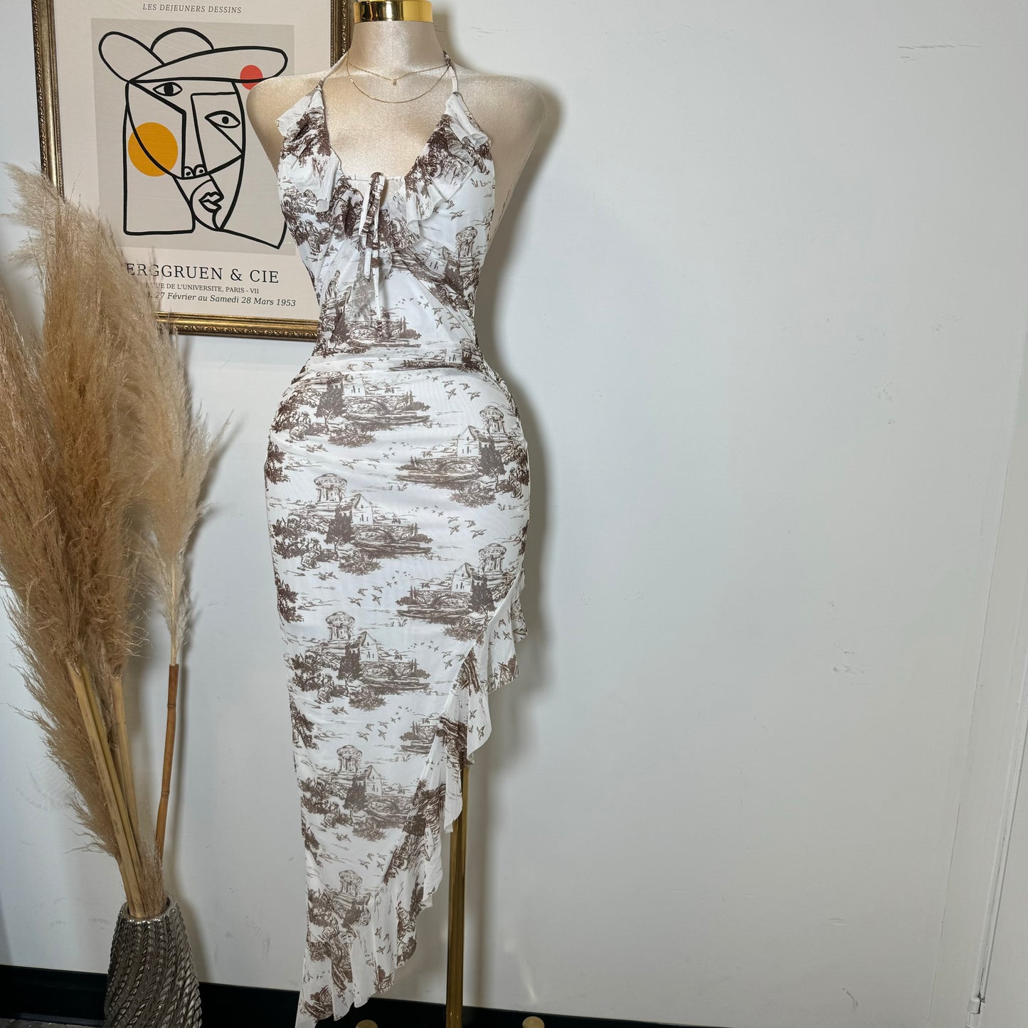 Mesh Open Slit Halter Dress-Brown