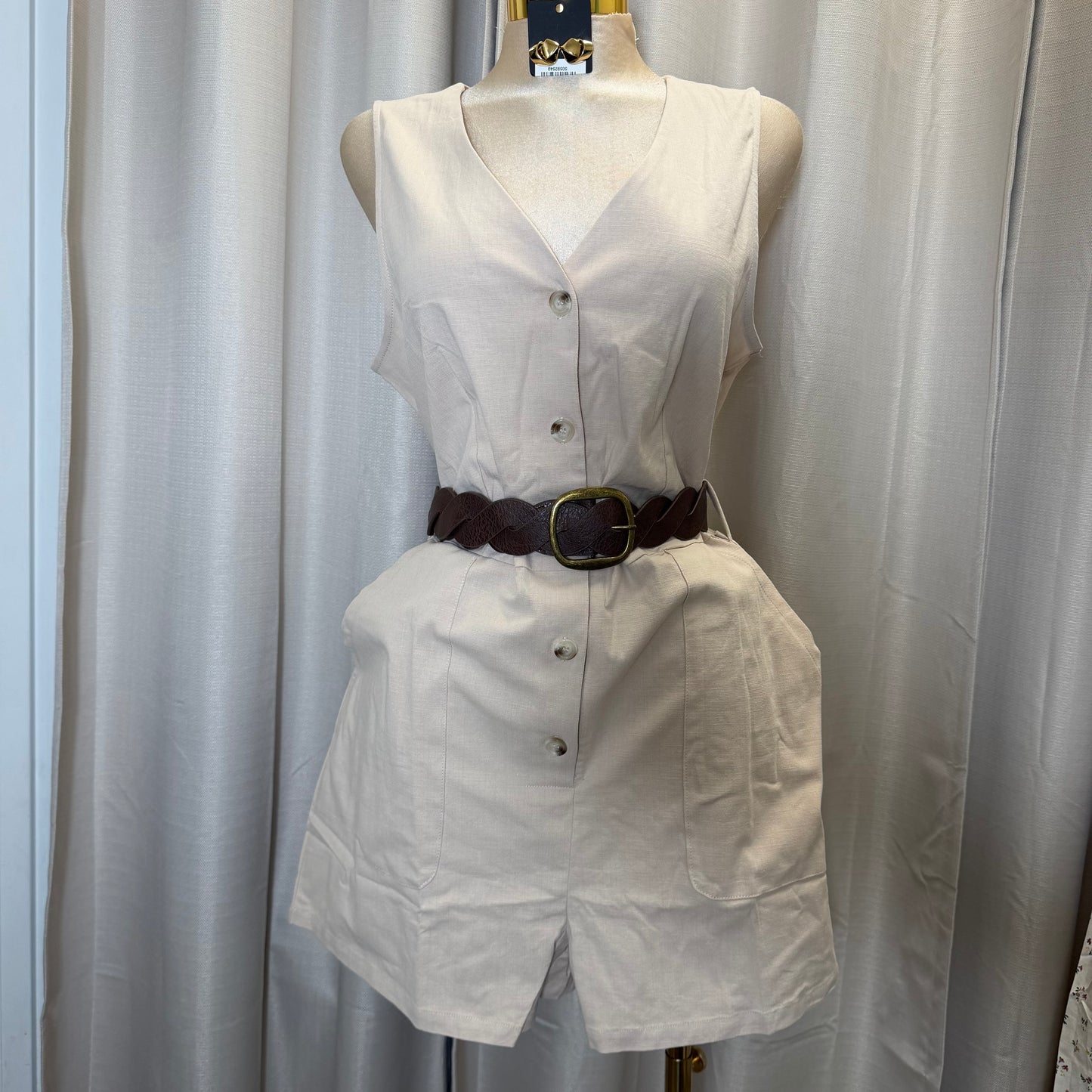 PL-Solid Sleeveless Romper With Belt-Khaki