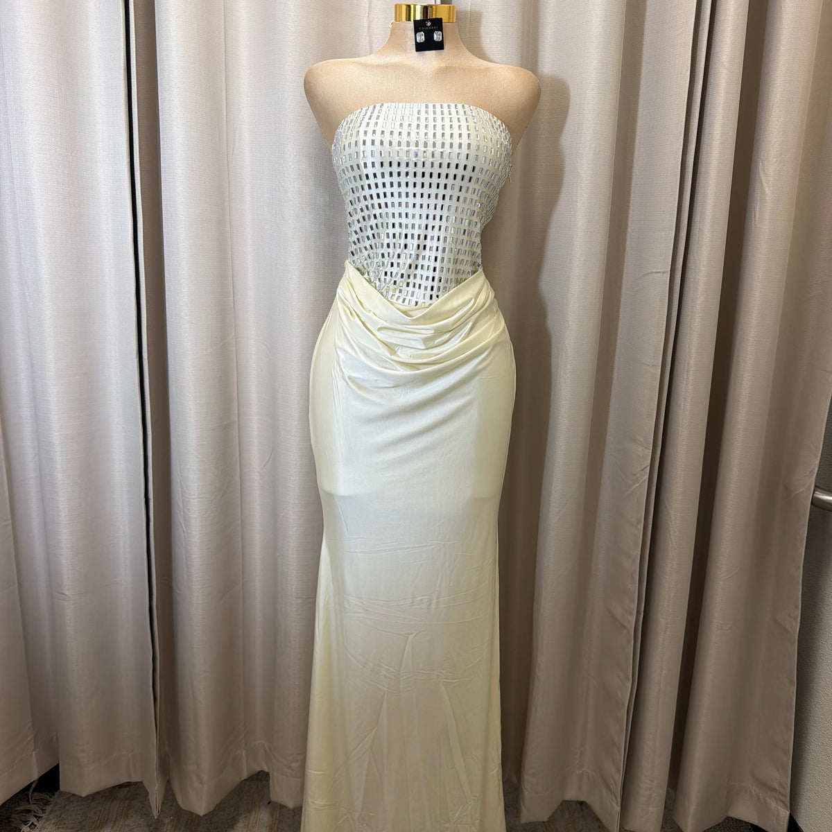 Rectangle Rhinestone satin mermaid maxi Dress-Ivory