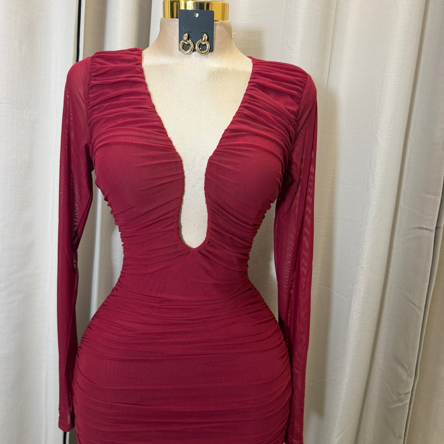 Mesh Long Sleeve Midi Dress w/ a U wire insert-Wine/Burgundy