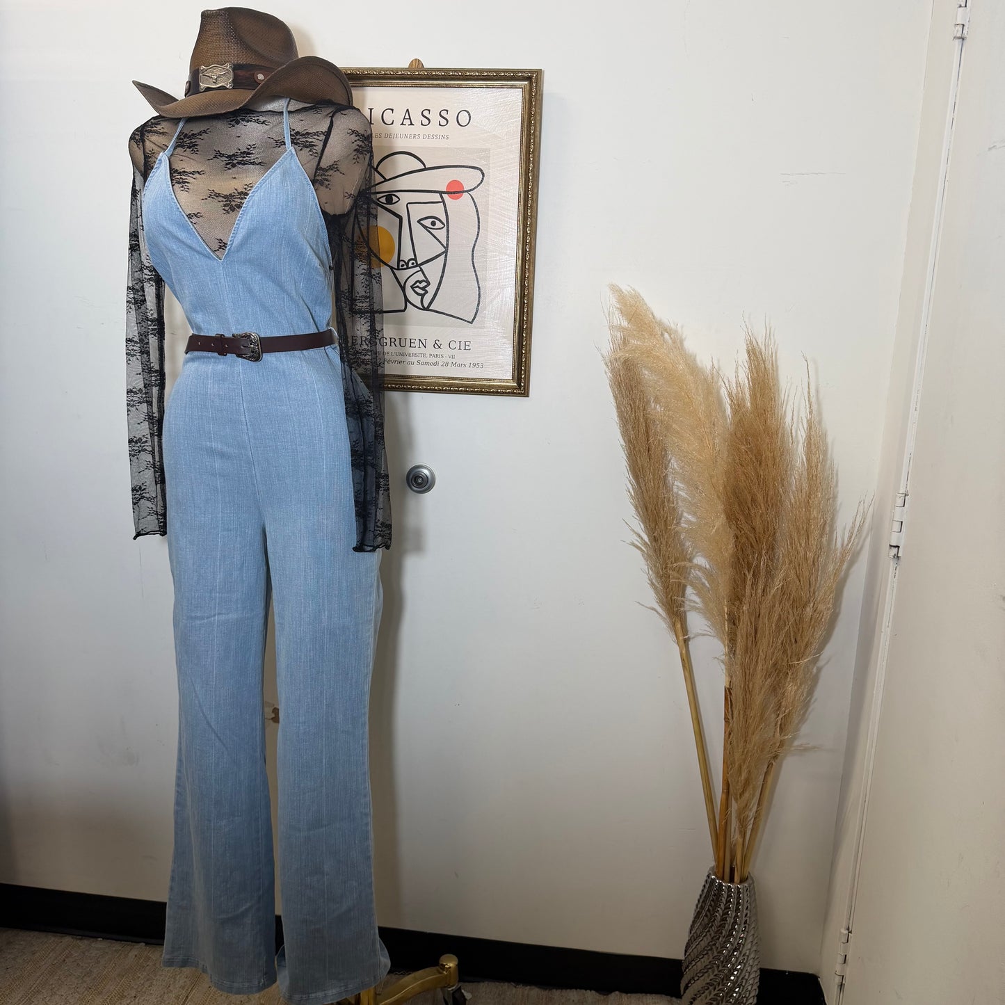 Denim Jumpsuit With Belt-Light Blue
