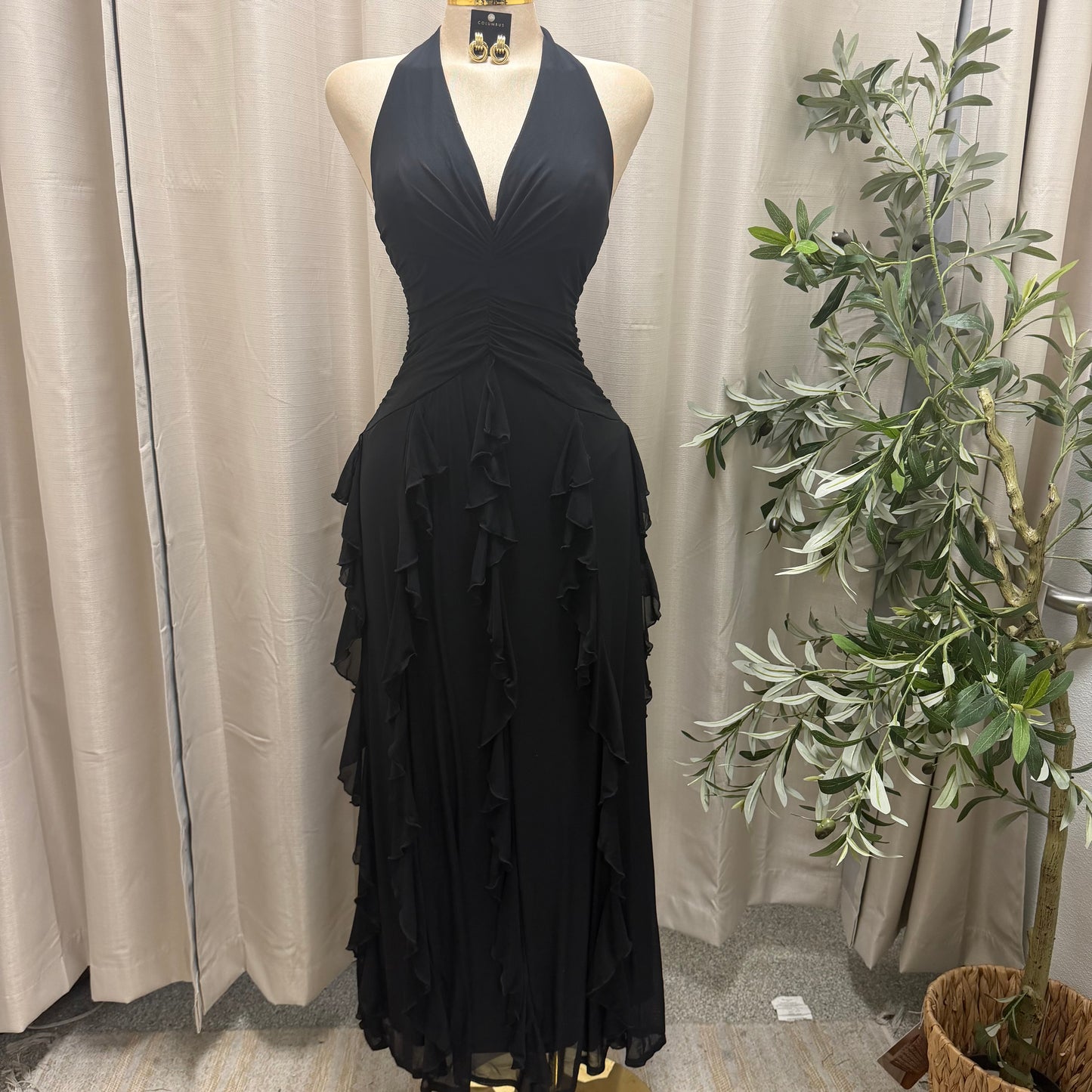 V-NECK HALTER CASCADE RUFFLE MAXI DRESS-Black