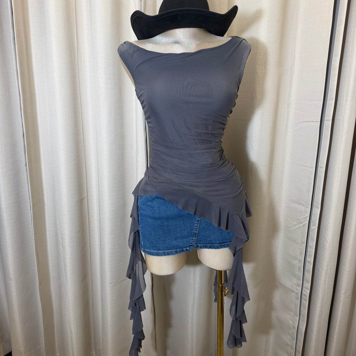Mesh Asymmetrical Top with Ruffle-charcoal