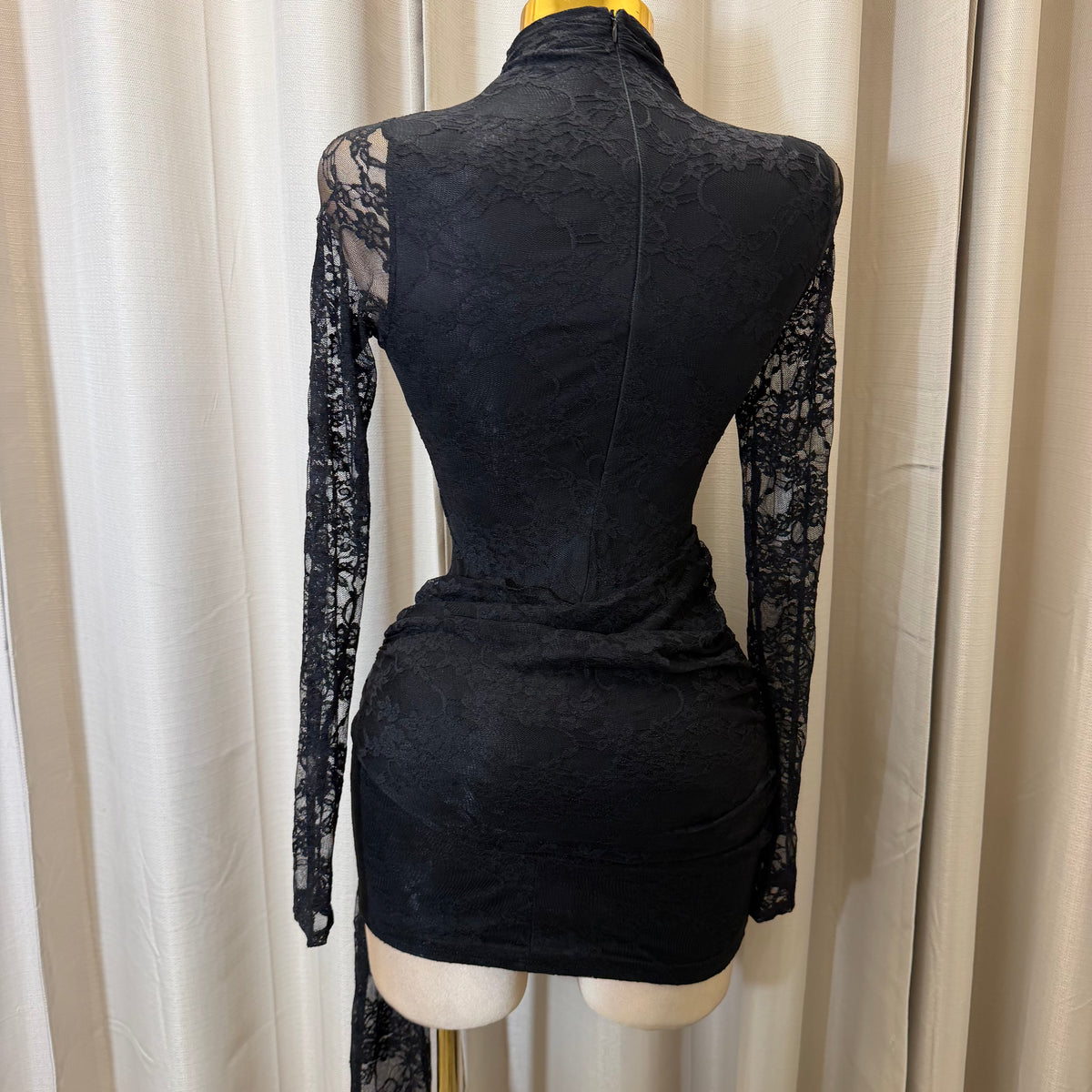 Long Sleeve lace front  Sash With Trim Detail Mini Dress-Black