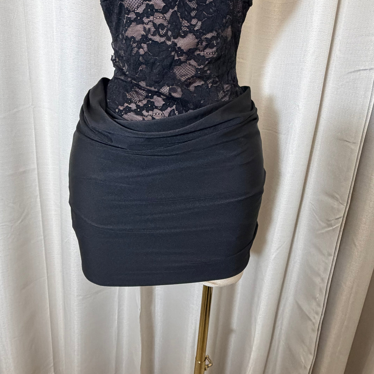 Lace off shoulder Pleated Drape Mini Dress-Black