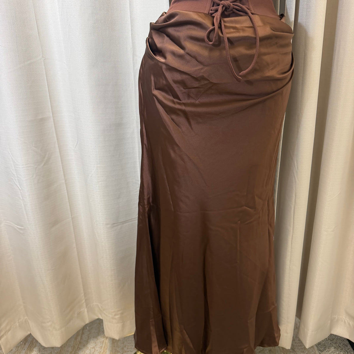 Satin Strapless Sweetheart Neckline Cowl Hip lace Maxi Dress-Brown
