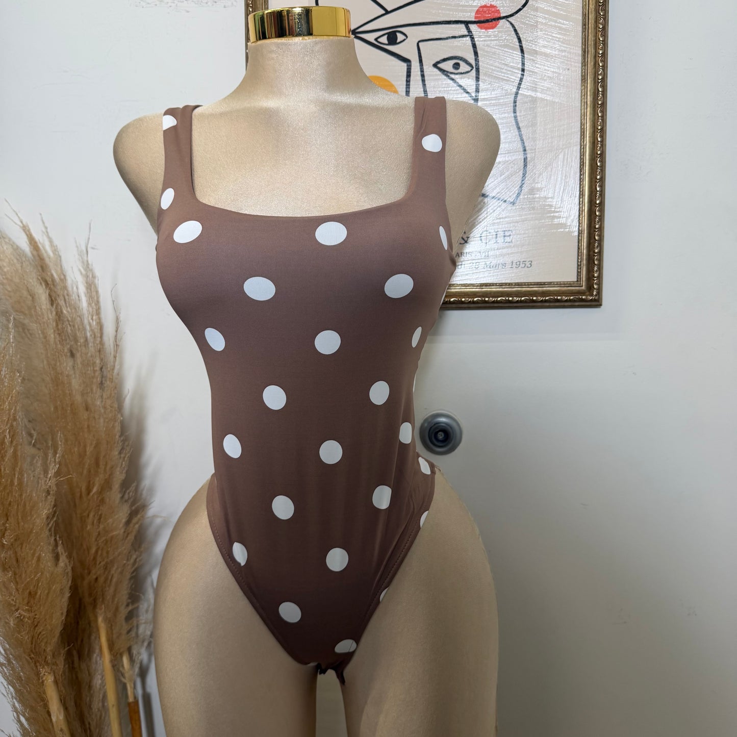 Square neck Polka Dot Bodysuit-Mocha