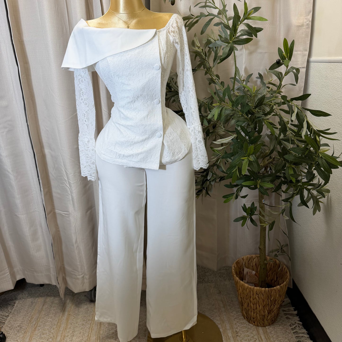 Double-Breasted Blazer Pant Set -White