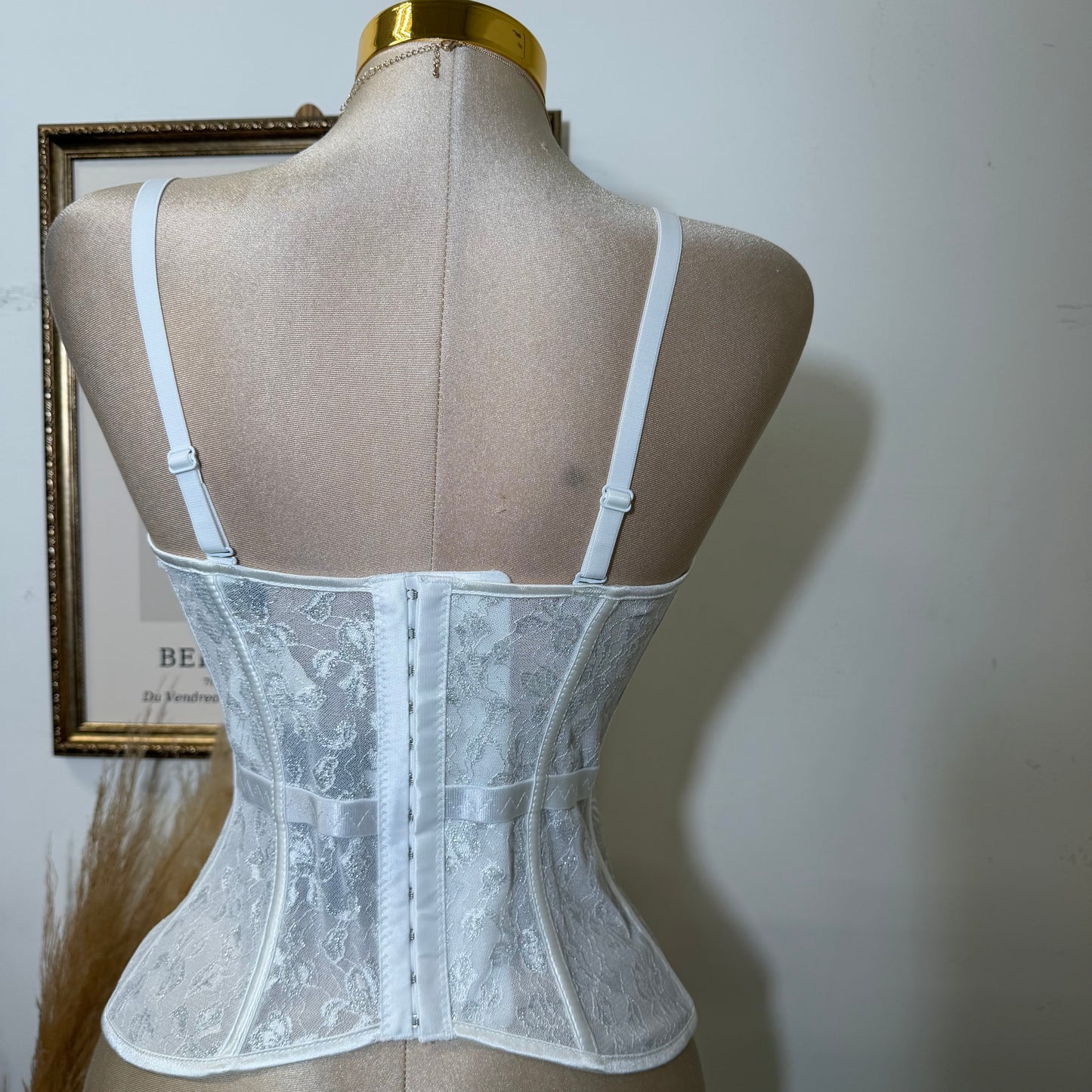 Long Lace Corset Top with Flower Glitter Design-White