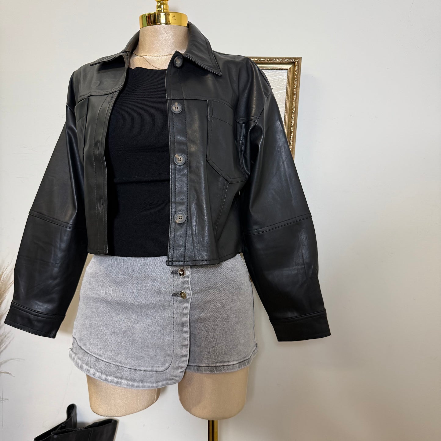 Pu Faux Leather Cropped Jacket-Black