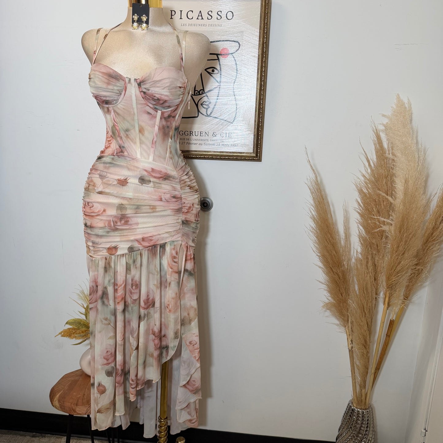 Ruched Asymmetric Corset Gown in Floral Mesh Print-Peachy /Nude