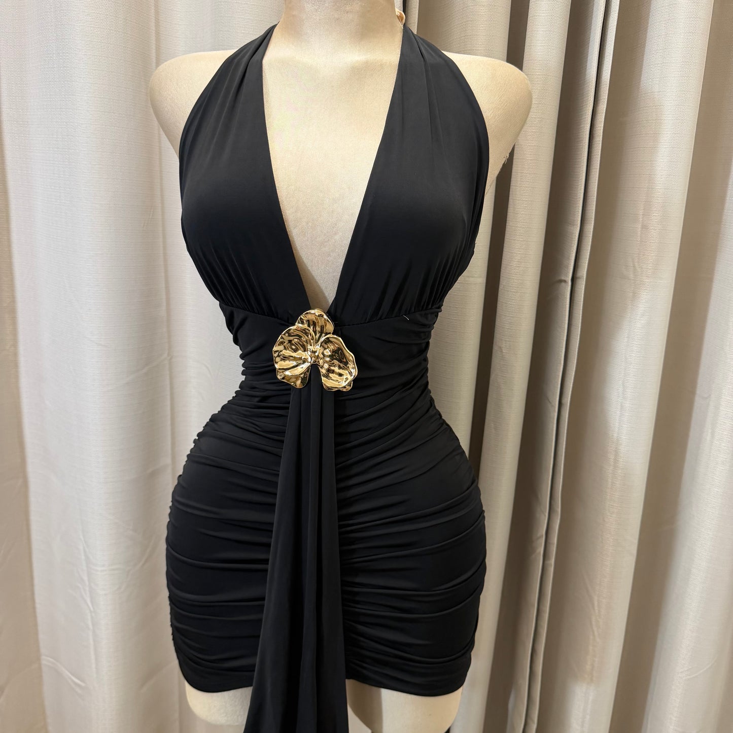 Orchid Halter Ruched front panel Mini Dress-Black