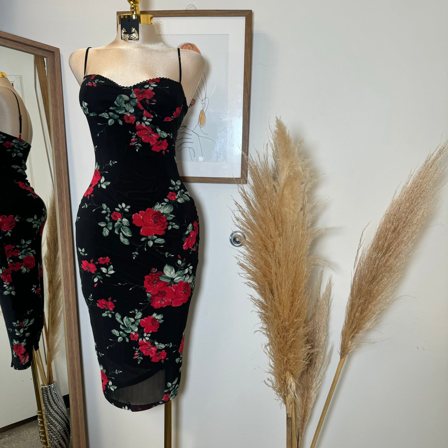 Rose Mesh Spaghetti Dress-Black/Red