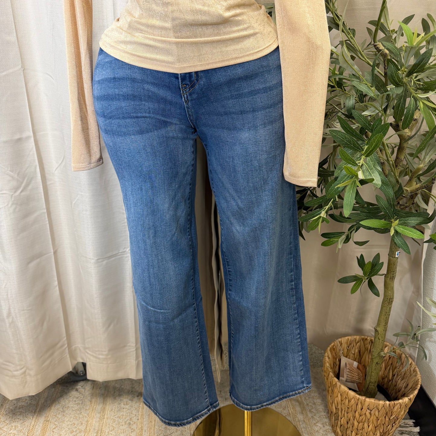Wide Leg Denim Pants-Dk Blue