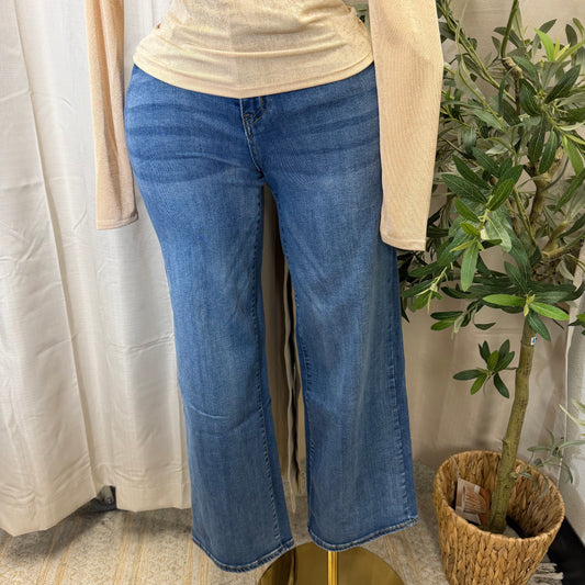 Wide Leg Denim Pants-Dk Blue