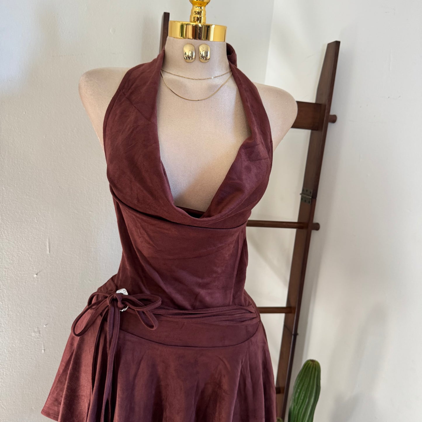 Suede Cowl Halter Open back Dress  -Burgundy