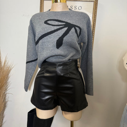 Ribbon Jacquard Sweater Top-Heather Grey