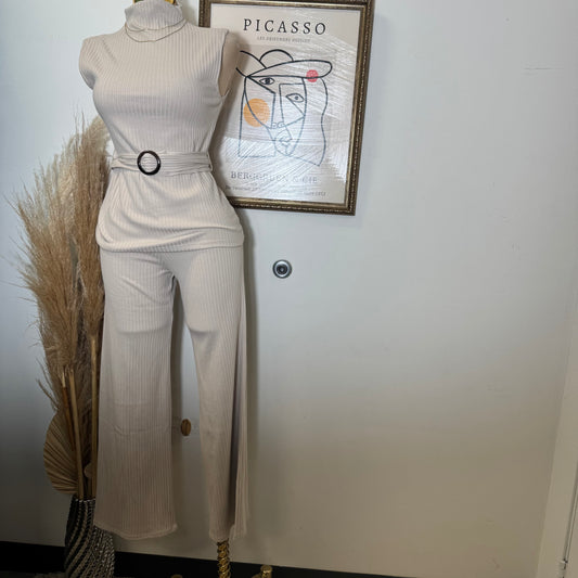 Sleeveless Mock neck with Belt rib knit Top and Wide Rib Knit pants-cream
