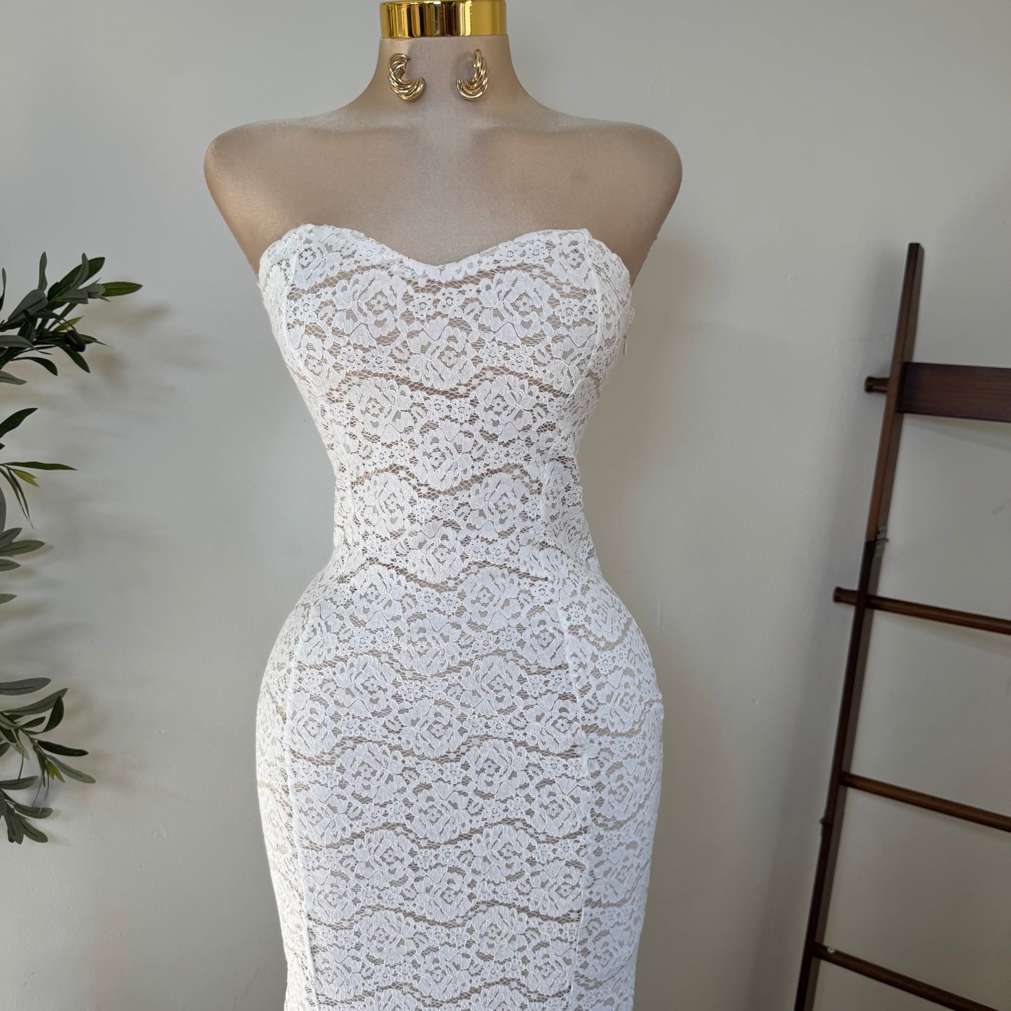 Lace Strapless Maxi Dress-White
