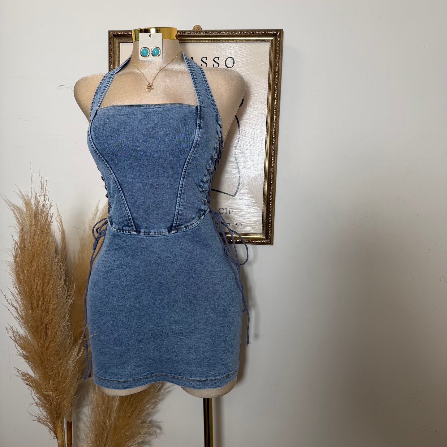 HALTER NECK SIDE LACE-UP DENIM MINI DRESS
