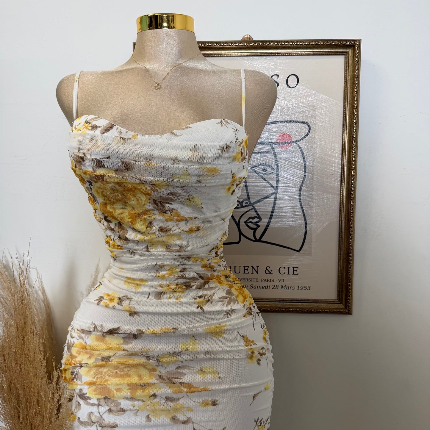 Mesh Print Midi Dress-Yellow Floral