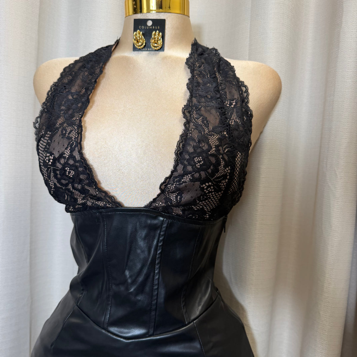 Leather Lace Halter Bodycon Mini Dress-Black