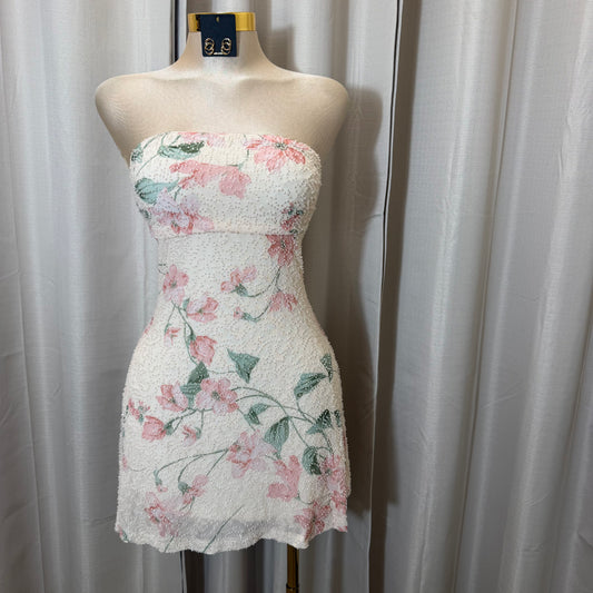 Mesh Floral Strapless with Beads Dress-Cream