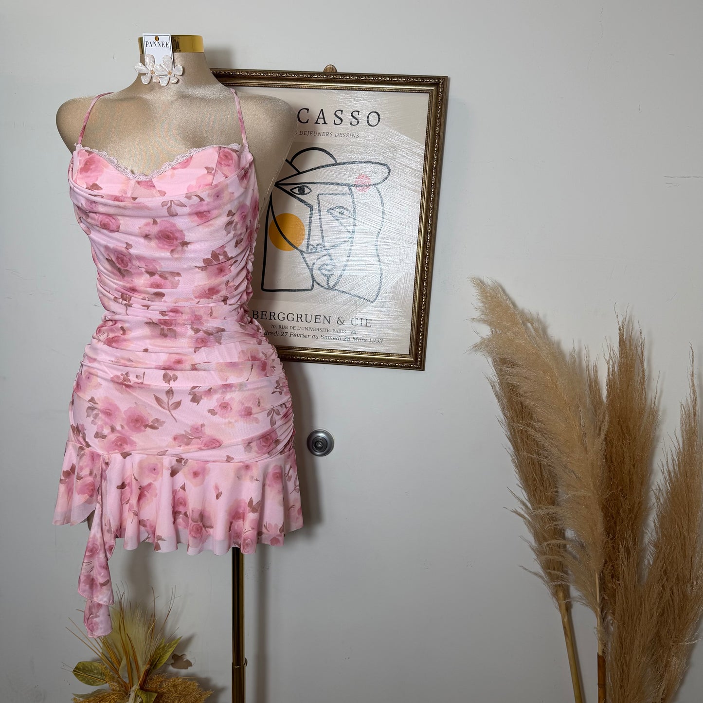 Floral open Back Mini Dress with Flowing Skirt-Pink