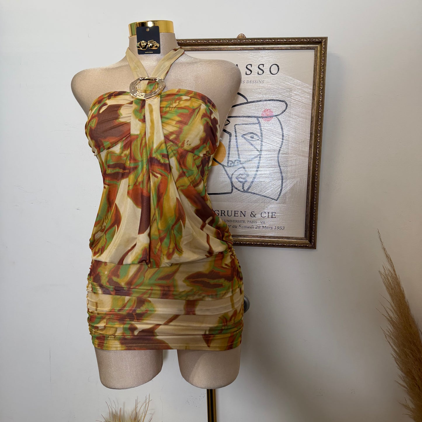 Multi Color Mesh with Metal Trim Mini dress-Yellow