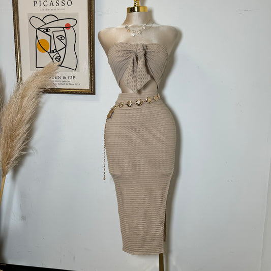 Fishnet Textured Knit Bow Tie Tube Top & Skirt Set-Beige