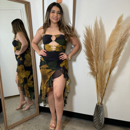 Karol Strapless Dress-Black/Yellow