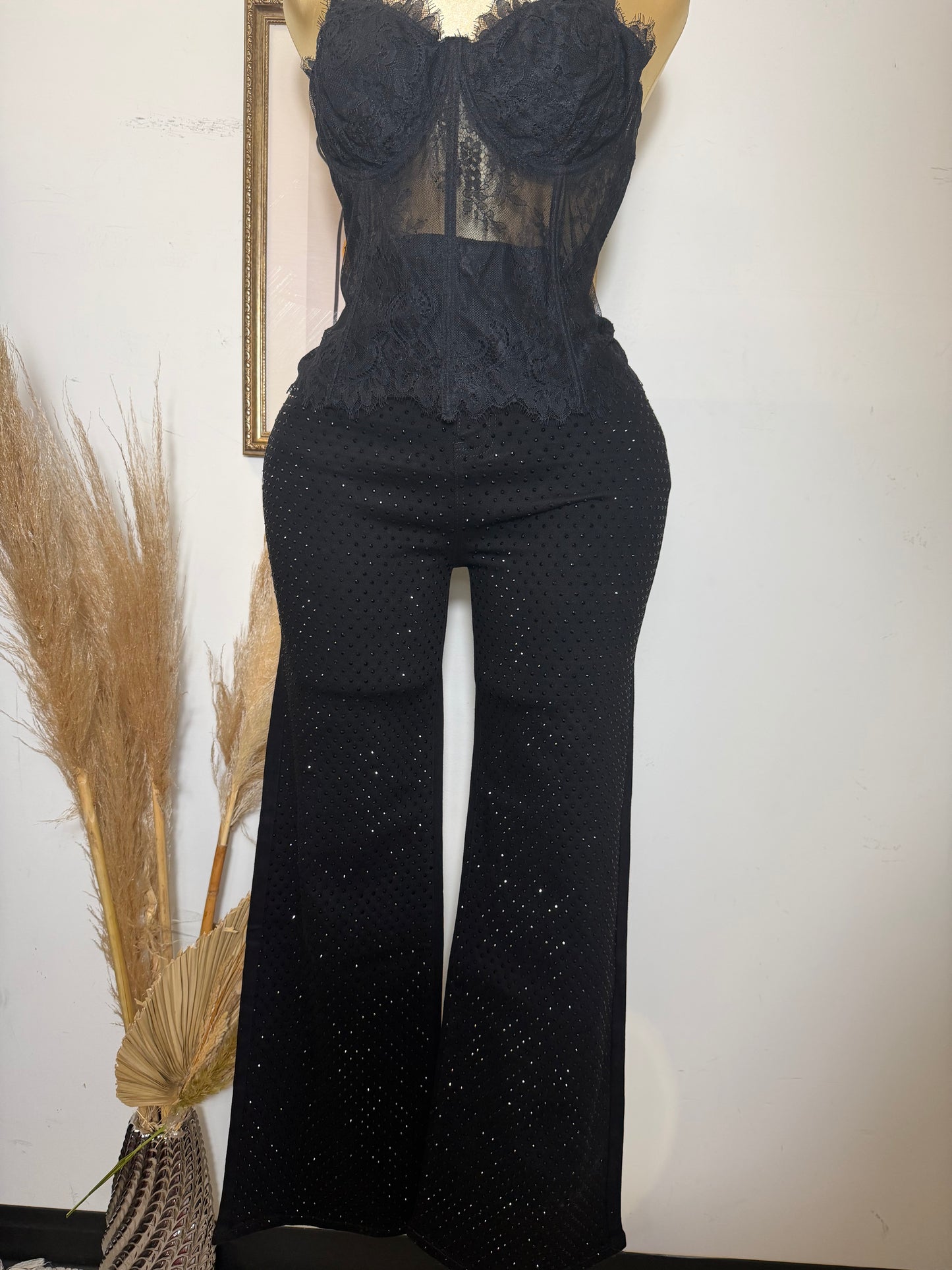 PL Rhinestone Pants In the Front-Black