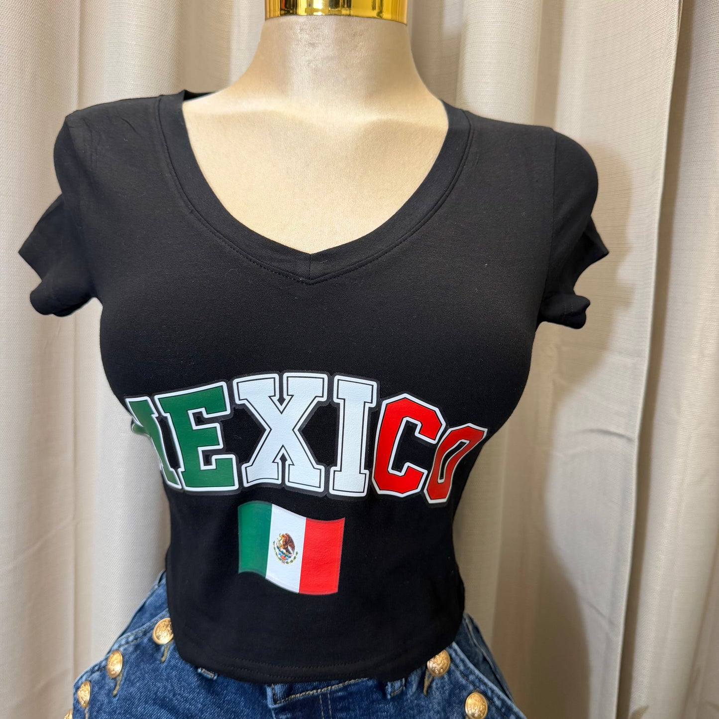 V neck Mexico Crop Top-Black
