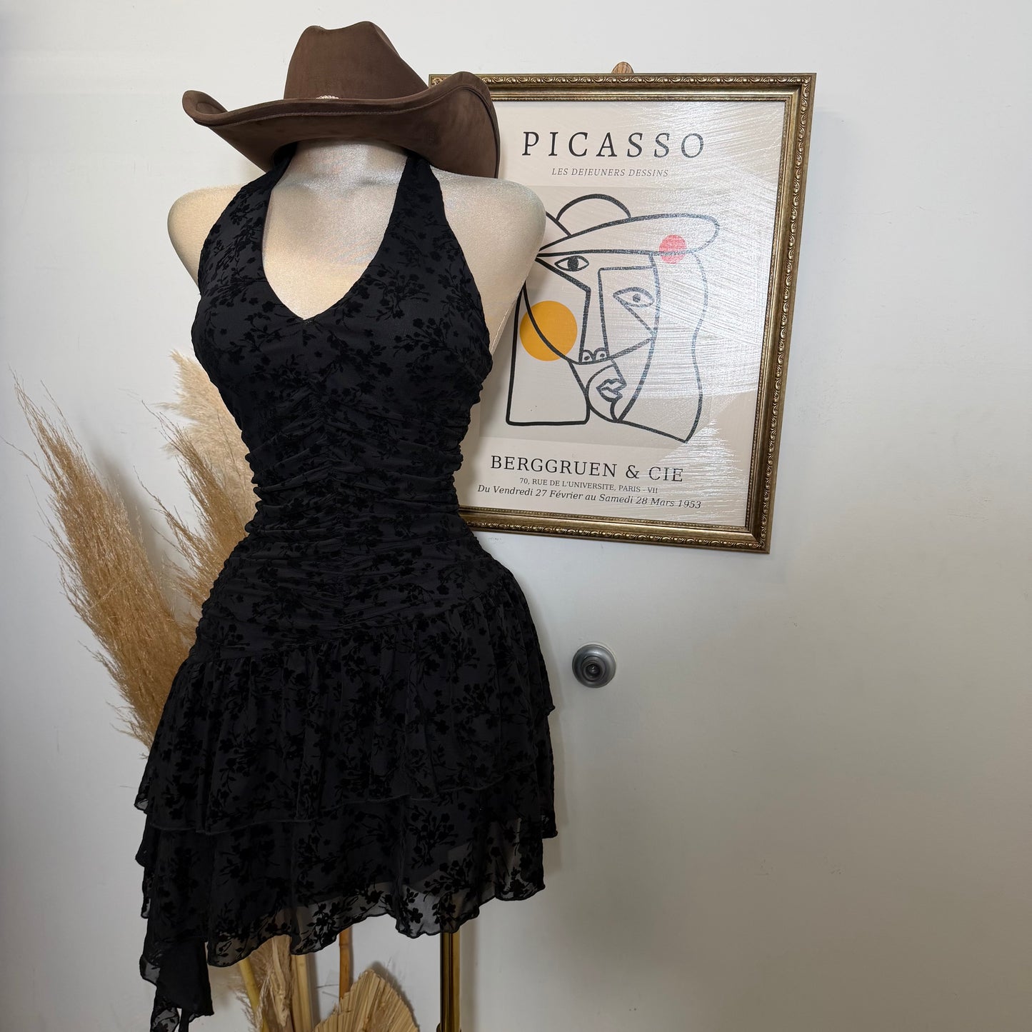Halter Flower Print Dress-Black