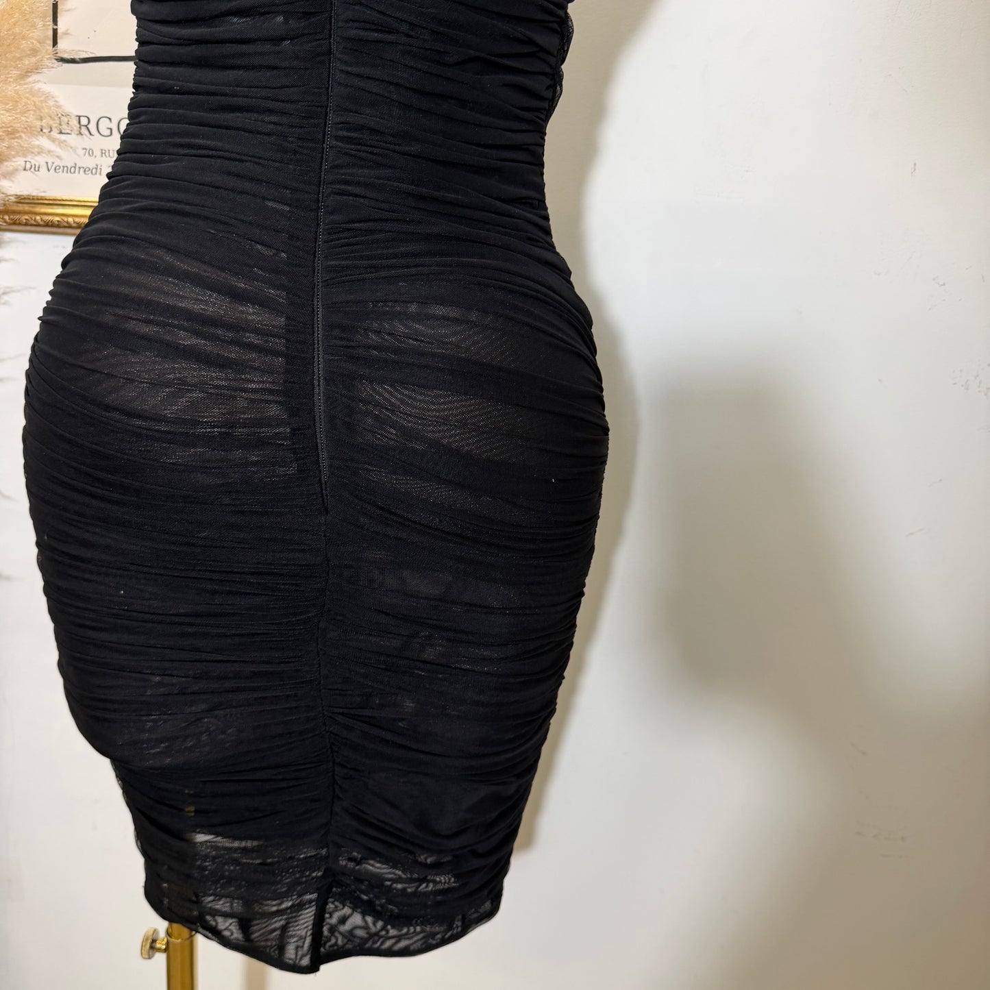Ruched Mesh Bodycon Midi Dress-Black