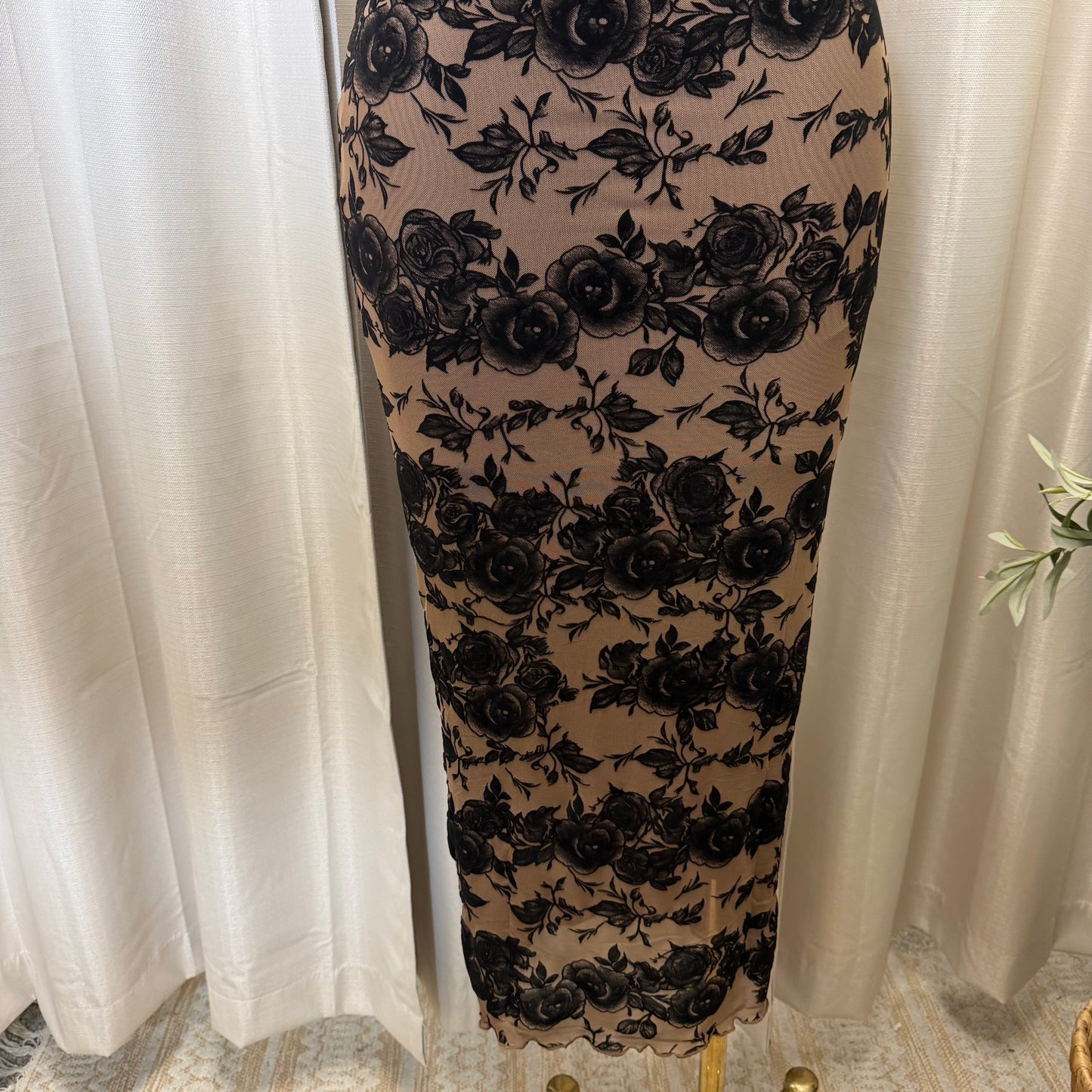 Luxi Mesh Flower Print Dress-Brown