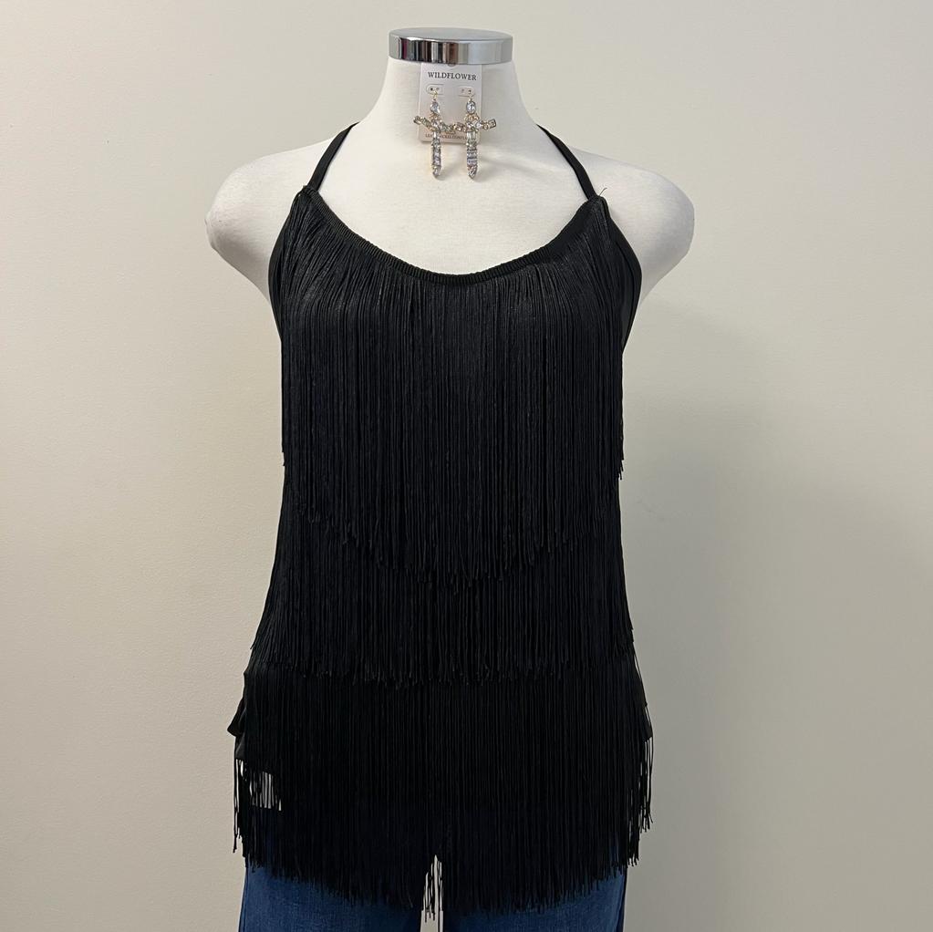 Josie Fringe Halter Cami Top PL- Black