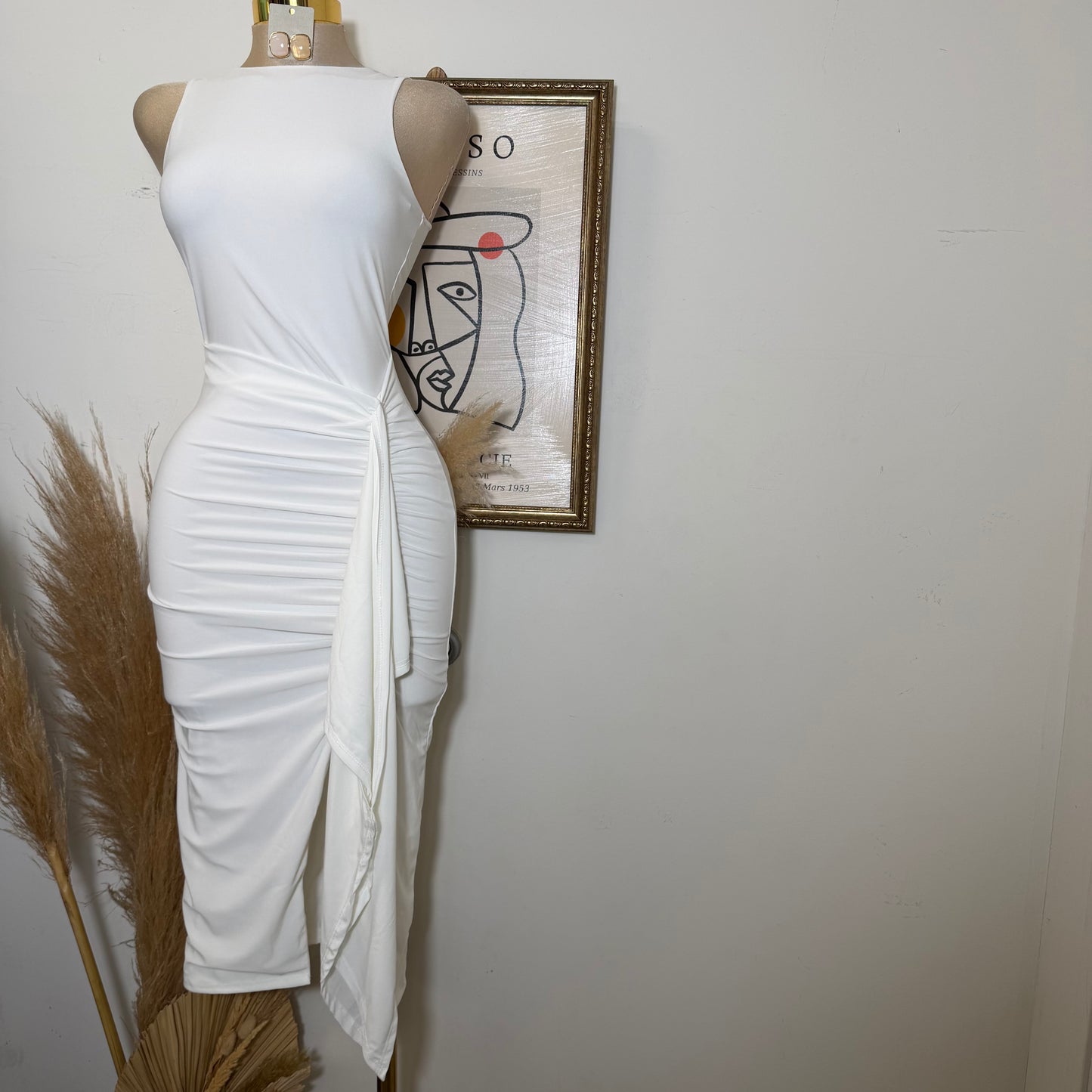 Sleeveless Mock Neck Ruffle Midi Dress-Ivory