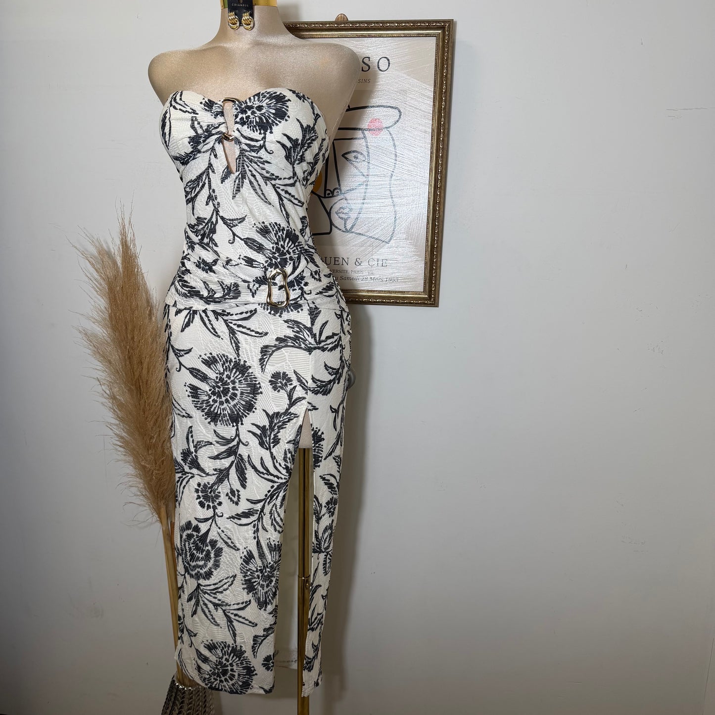 Printed Knit Jacquard w/ Metal Trim Tube Midi Dress-Black/White