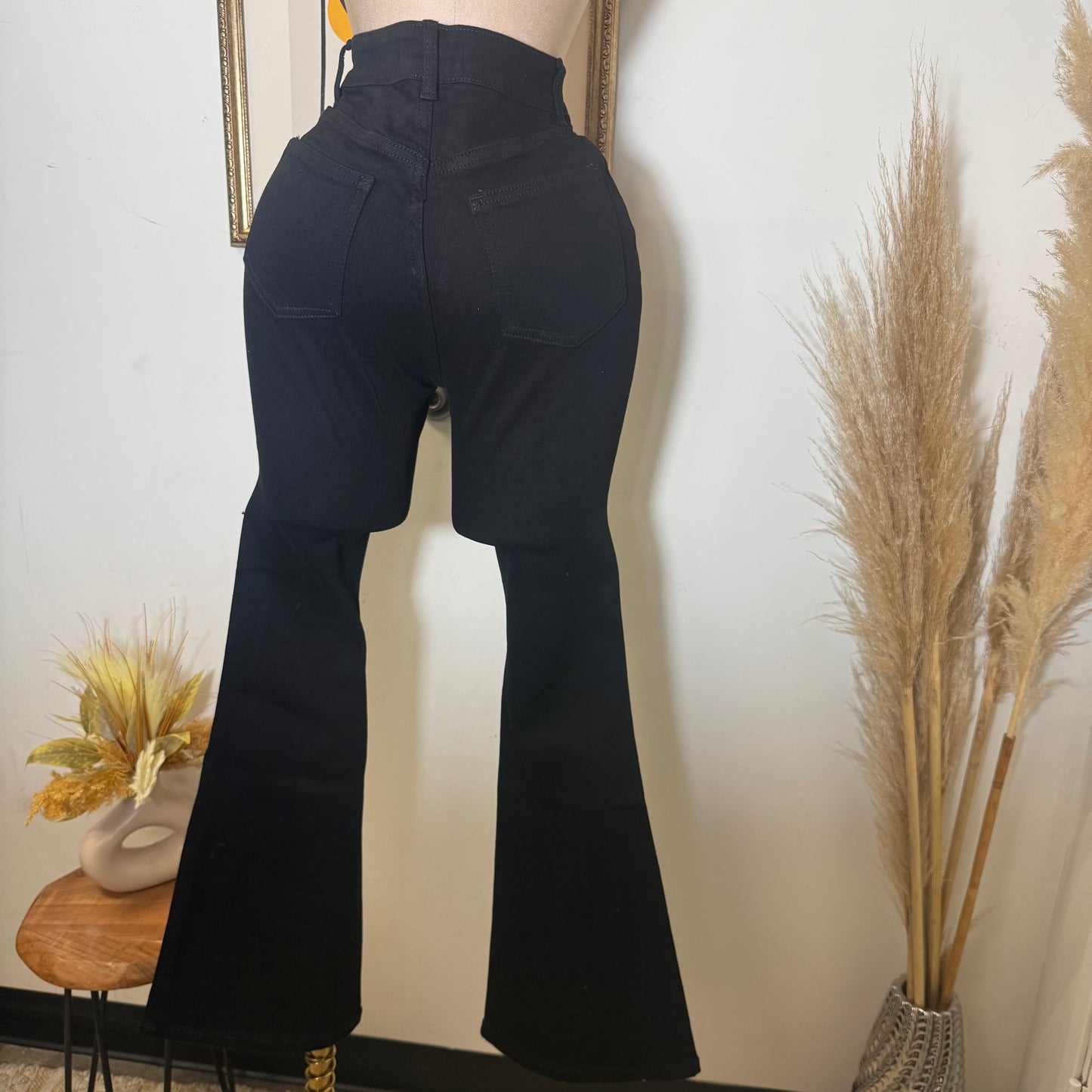 Flare Denim Black Pants-Black