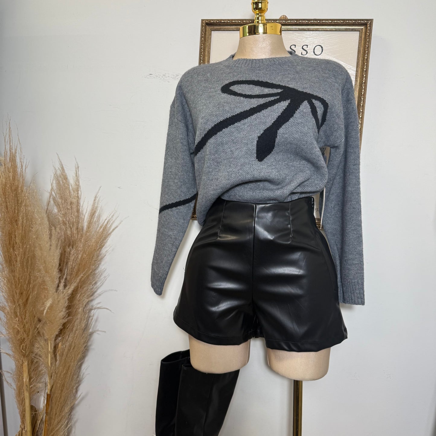 Ribbon Jacquard Sweater Top-Heather Grey