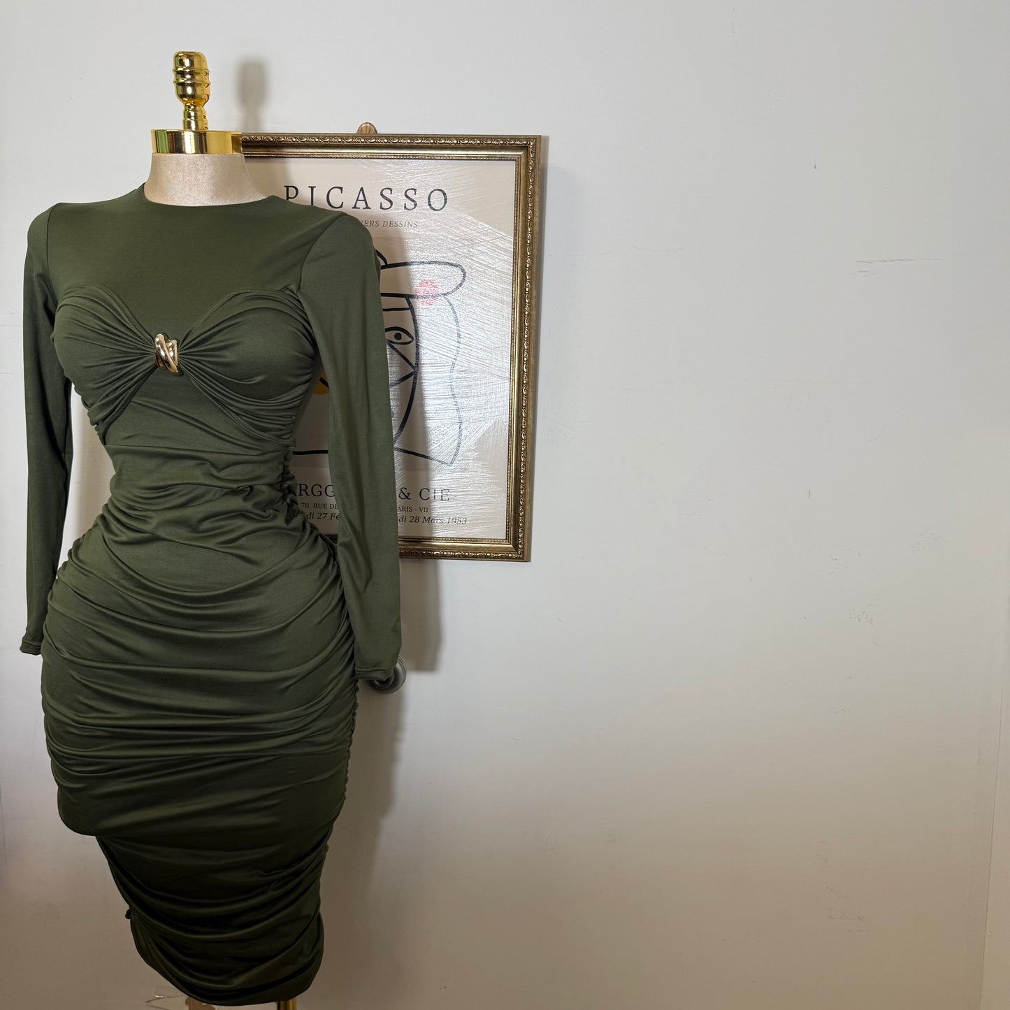 Long Sleeve Double Layered Midi Dress-Olive