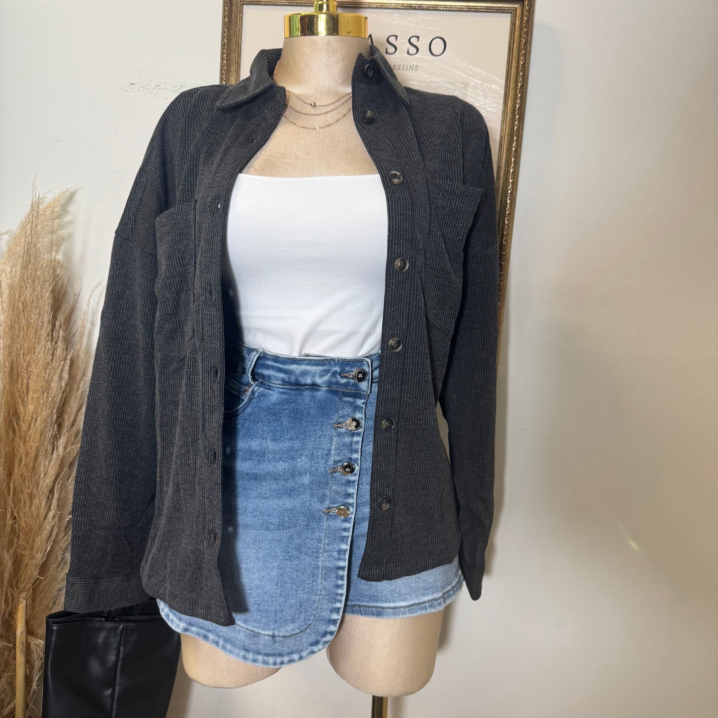 Oversized Pinstripe Collared Button Down Shacket-Charcoal