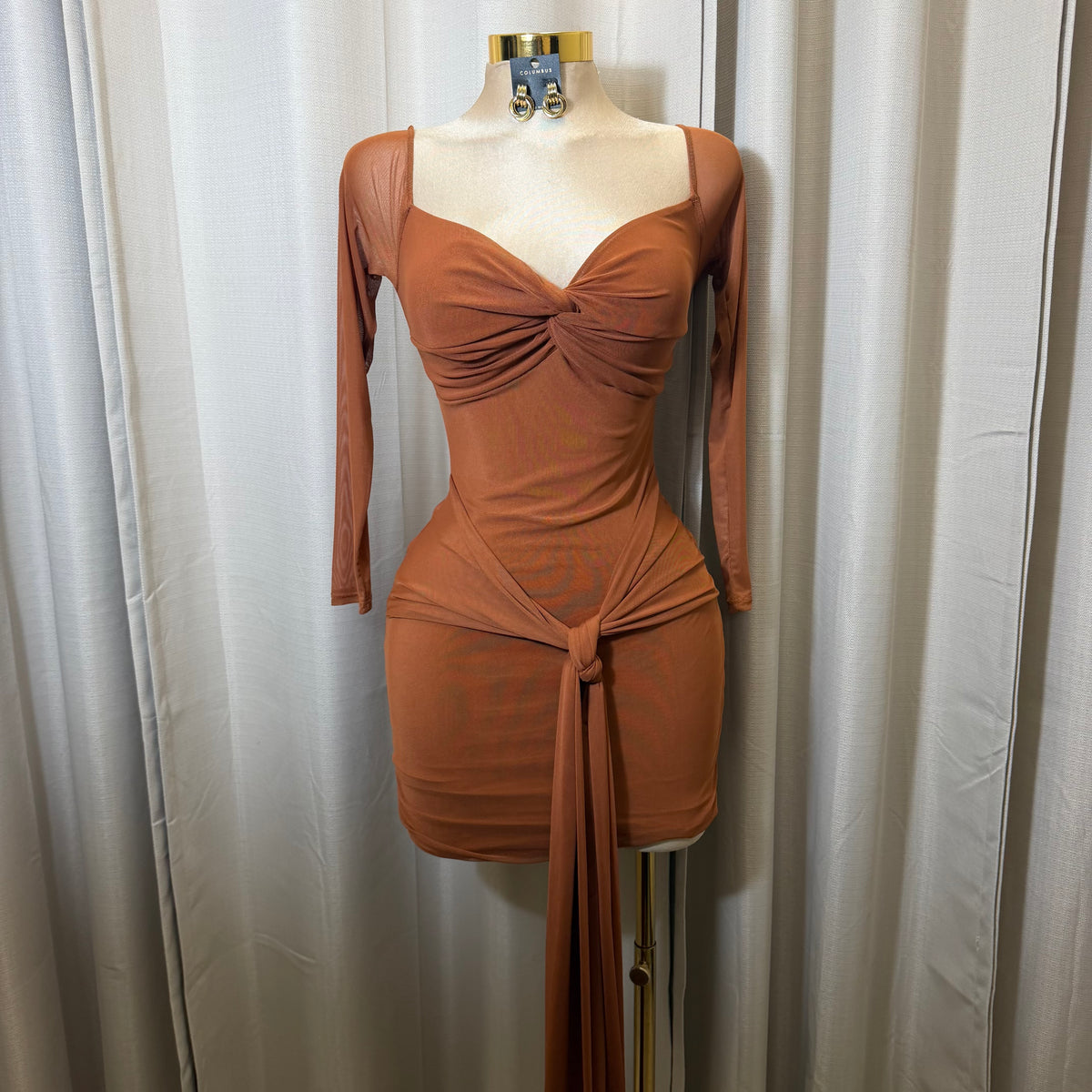 Long Sleeve Off Shoulder Mesh Dress-Brown