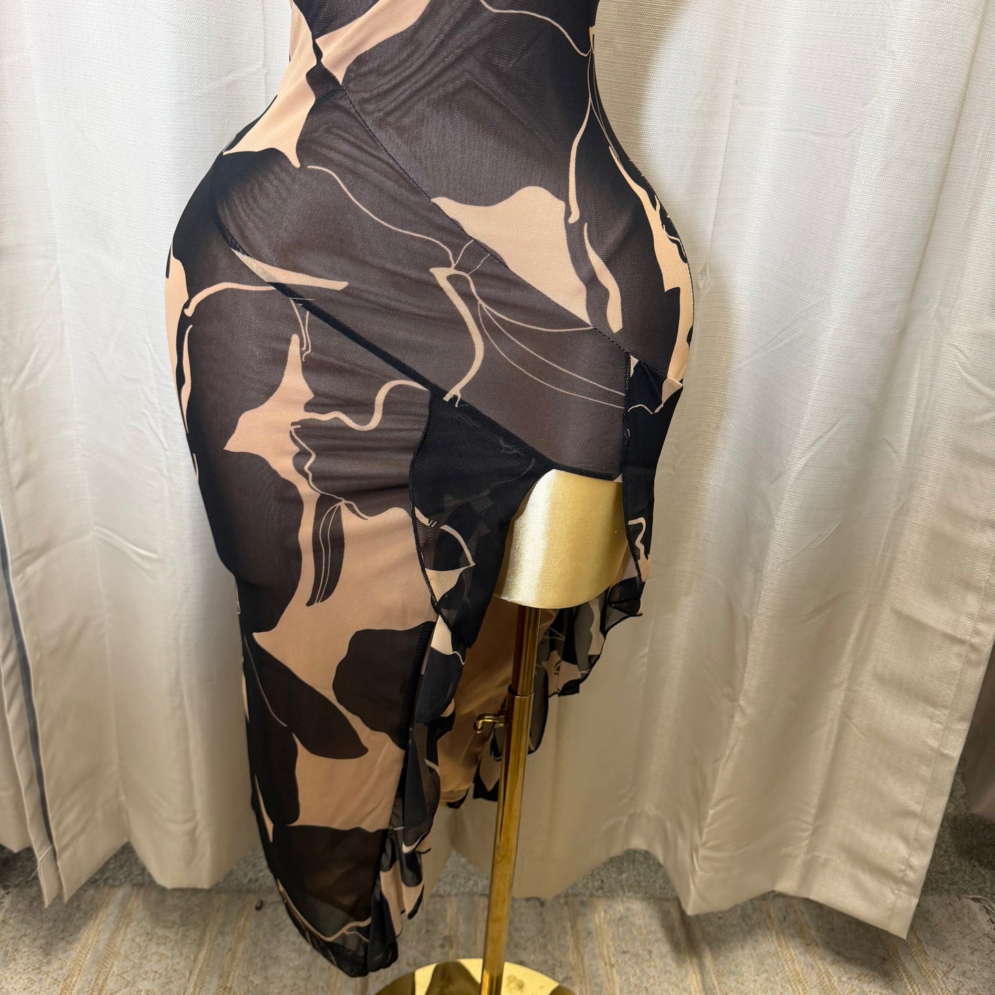 Floral Ruffle Slit Midi Dress-Brown