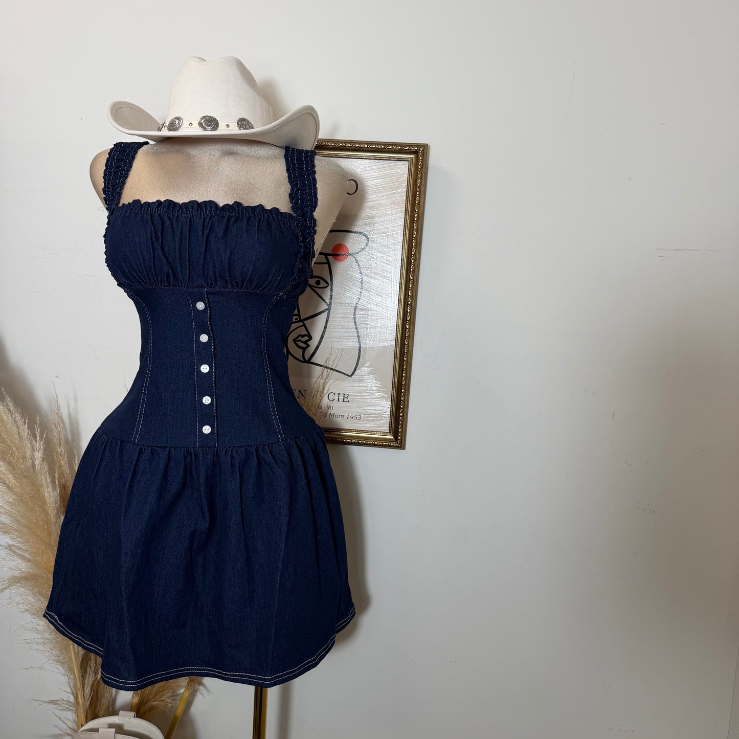 Ruched Bodice Denim Mini Dress-Dk Denim