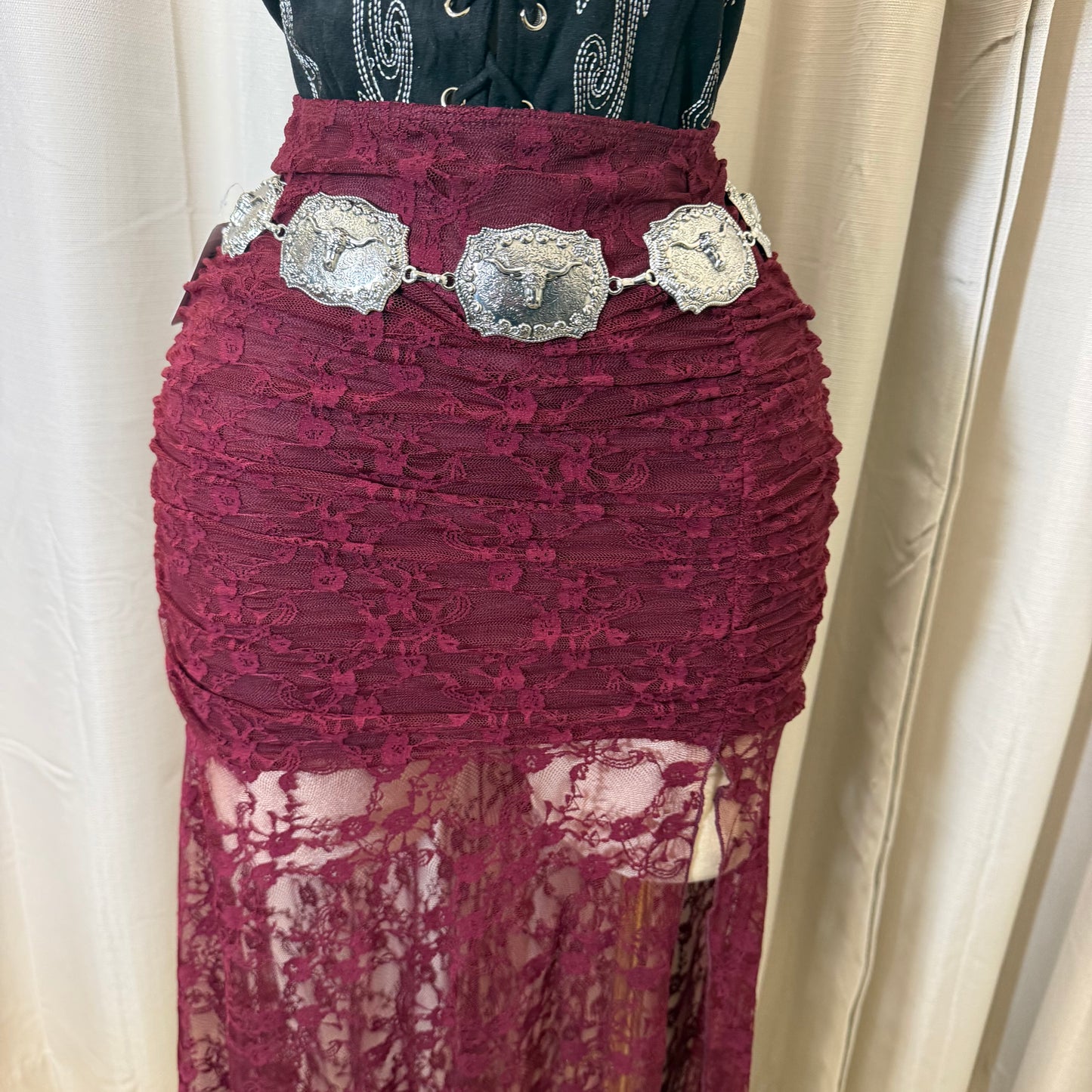 Lace Open slit Maxi Skirt-burgundy